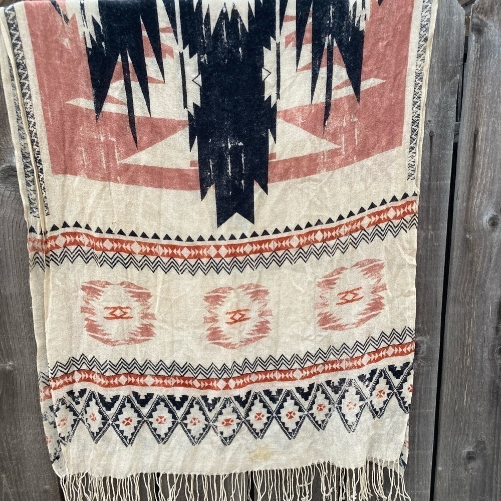 Aztec Southwestern Print Beige Tribal Scarf Long STAINED BOHO Winter Fall Hippy
